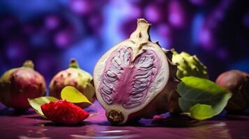 Photo of Cherimoya fruit half against a colorful abstract background. Generative AI