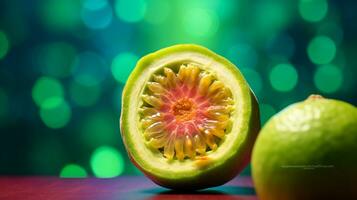 Photo of Feijoa fruit half against a colorful abstract background. Generative AI