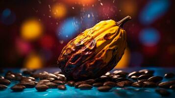 Photo of Cacao fruit half against a colorful abstract background. Generative AI