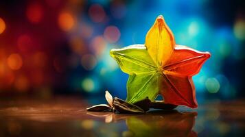 Photo of Carambola fruit half against a colorful abstract background. Generative AI