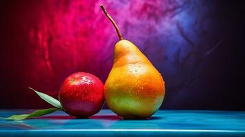 Photo of Buni fruit half against a colorful abstract background. Generative AI