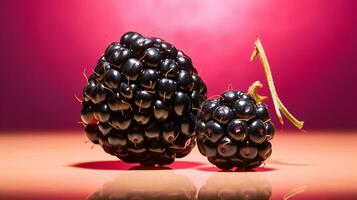 Photo of Blackberry fruit half against a colorful abstract background. Generative AI