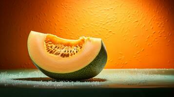 Photo of Cantaloupe fruit half against a colorful abstract background. Generative AI