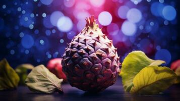 Photo of Cherimoya fruit half against a colorful abstract background. Generative AI