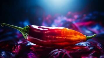 Photo of chilli pepper fruit half against a colorful abstract background. Generative AI