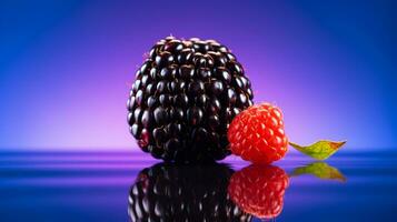 Photo of Blackberry fruit half against a colorful abstract background. Generative AI