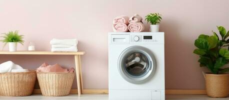 Interior of laundry room with contemporary washing machine Design space included photo