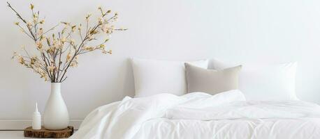 Contemporary white bed and pillow in a morning inspired interior decor photo