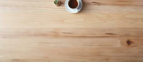 Top view of minimalist room with succulent on wood table featuring copy space photo