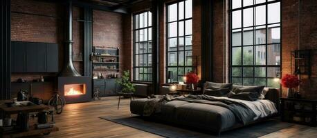 Large loft style studio apartment with modern black wooden furniture and open floor plan featuring expansive windows photo