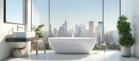 ed bright bathroom with bathtub stool towel shampoo panoramic window city skyscrapers view white walls concrete tile floor photo