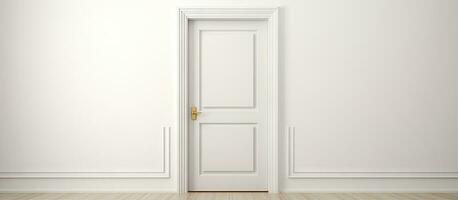 White wooden door with gold doorknob on gray wall photo