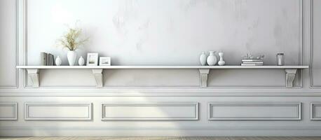 Interior with white shelf and wallpaper rendered in photo