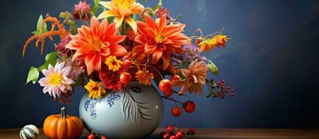 fiesta flores en un calabaza florero con vibrante colores bañado en luz de sol foto