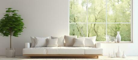 Stylish white room mock up with green landscape through window showcasing Scandinavian interior design photo