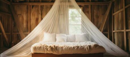 Old style mosquito curtain in a house or hut with a bed adorned with white linen pillows and a mosquito net Antique home decor photo