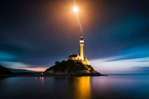 a lighthouse with a lightning bolt in the sky. AI-Generated photo