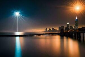 el ciudad horizonte es iluminado arriba a noche. generado por ai foto