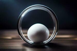 an egg inside a metal ring on a table. AI-Generated photo