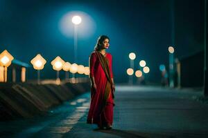 un mujer en rojo vestir caminando abajo el calle a noche. generado por ai foto