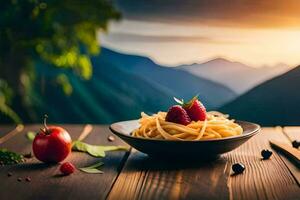 spaghetti with berries and herbs on a wooden table. AI-Generated photo