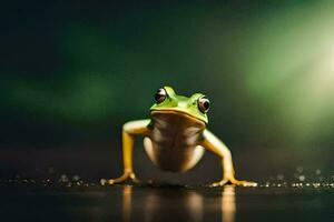 a frog is standing on a dark background. AI-Generated photo