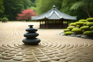 a stone sculpture sits in the middle of a garden. AI-Generated photo