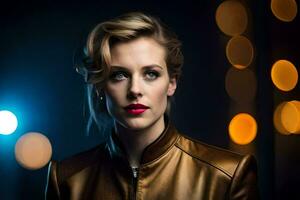 a woman in a leather jacket and red lipstick. AI-Generated photo