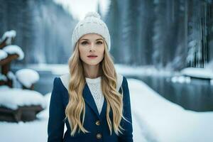 un hermosa rubia mujer en un invierno sombrero soportes en frente de un Nevado bosque. generado por ai foto