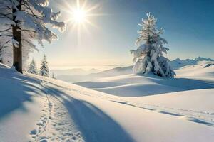 snow covered trees and the sun shining in the background. AI-Generated photo