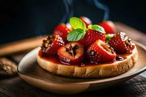 a strawberry tart with a slice of bread on a wooden plate. AI-Generated photo