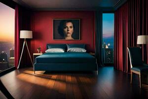 a bedroom with a large bed and a painting of a city. AI-Generated photo