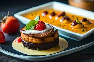 un postre en un plato con fresas y crema. generado por ai foto