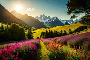 the sun shines on a lavender field in the mountains. AI-Generated photo