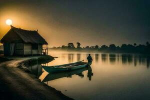 the sun rises over a small boat in the water. AI-Generated photo