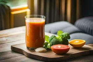 a glass of juice with vegetables on a wooden tray. AI-Generated photo