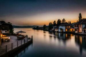 a lake with houses and a dock at sunset. AI-Generated photo