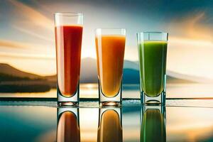 three glasses of juice on a table with a lake in the background. AI-Generated photo