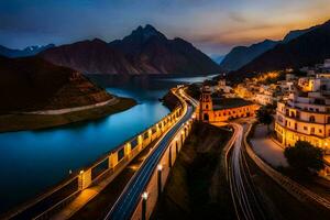 a bridge over a river and mountains at night. AI-Generated photo