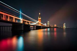 un puente terminado agua a noche con luces en. generado por ai foto