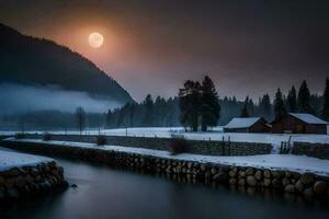 photo wallpaper the sky, snow, the moon, the river, the mountains, the house,. AI-Generated