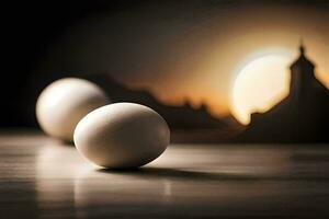 two eggs are sitting on a table in front of a church. AI-Generated photo