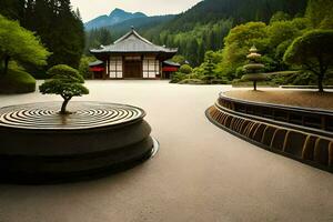 un japonés jardín con un pequeño árbol en el medio. generado por ai foto