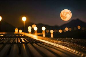 un lleno Luna es visto terminado un puente a noche. generado por ai foto