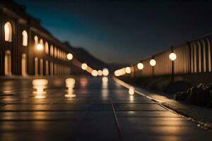 a long walkway with lights on it at night. AI-Generated photo