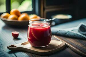 a glass of red juice on a wooden table. AI-Generated photo