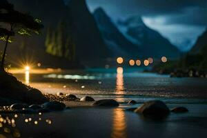 photo wallpaper the sky, mountains, trees, night, the lake, rocks, the river,. AI-Generated