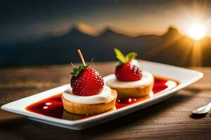 two desserts with strawberries on a white plate. AI-Generated photo