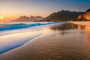 el Dom sube terminado el Oceano y montañas en esta hermosa playa. generado por ai foto