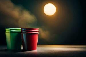 two red and green cups sit on a table in front of a full moon. AI-Generated photo